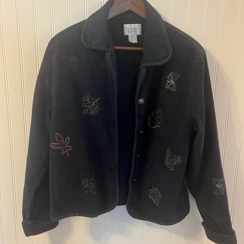 90s Vintage Navy Corduroy Jacket with Leaf Motif Grannycore Cottagecore Fairy